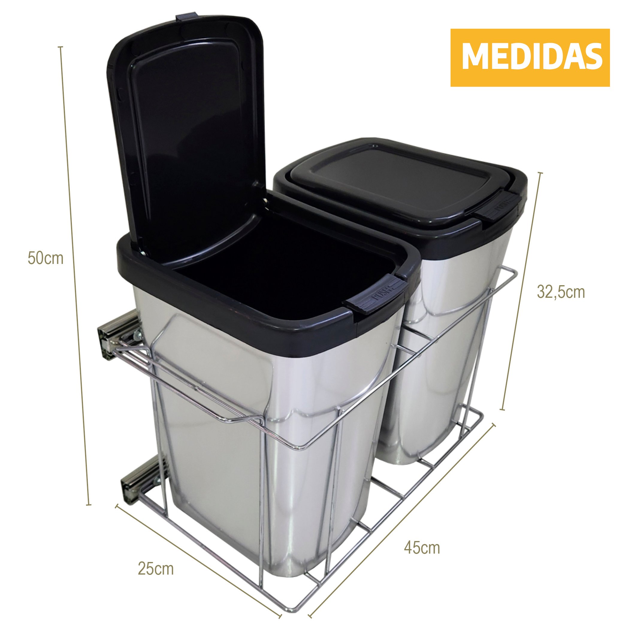 Lixeira Lateral Deslizante Dupla Escovada Prata 18l - 3