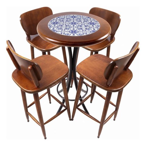 Conjunto Mesa Bistrô Alta Redonda 60cm + 4 Banquetas Bar Varanda Pub - Azulejo Português - Natural