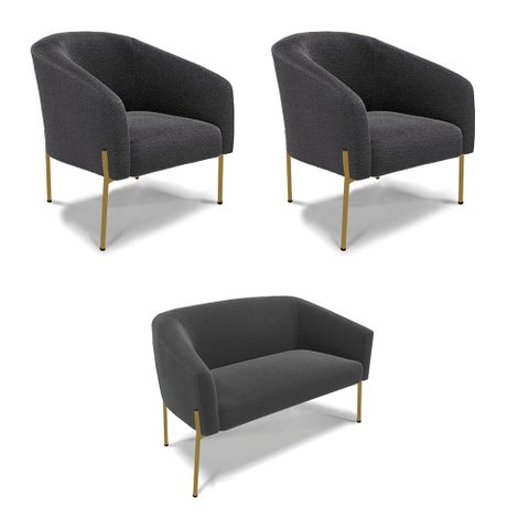 Namoradeira e 2 Poltronas Pé Ferro Dourado Stella Bouclê Grafite D03 - D'Rossi