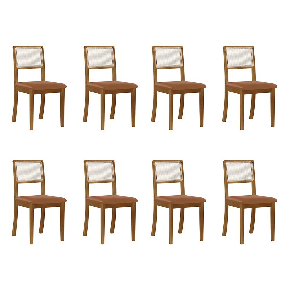 Kit 8 Cadeiras de Jantar Luxo Palha Estofadas Couro Pu Caramelo Tela Sextavada Rubi Madeira Maciça M