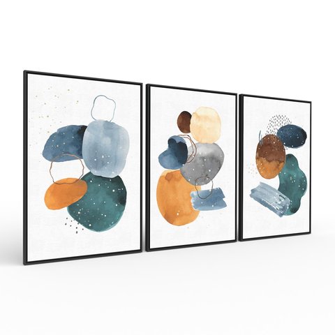 Kit 3 Quadros Retangulares - Trio Pinturas Abstratas em Aquarela