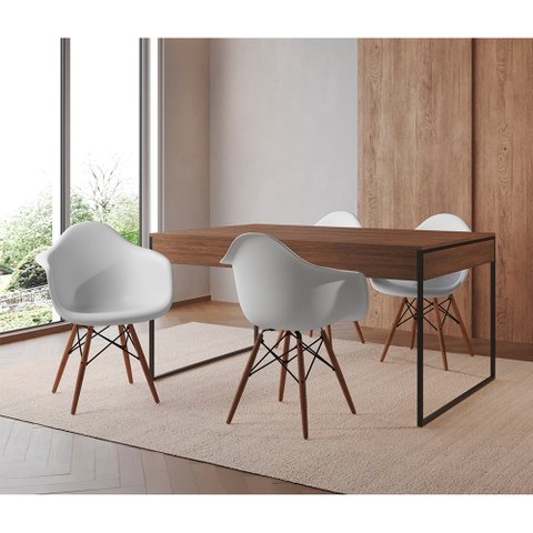 Mesa Jantar Industrial Filadélfia Amêndoa 137x90cm Base Ferro Preto com 4 Poltronas Brancas Eames Ei