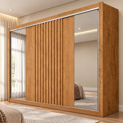 Guarda Roupa Casal 3 Portas de Correr 6 Gavetas com Espelho e Detalhe Ripado 100% MDF Vitória