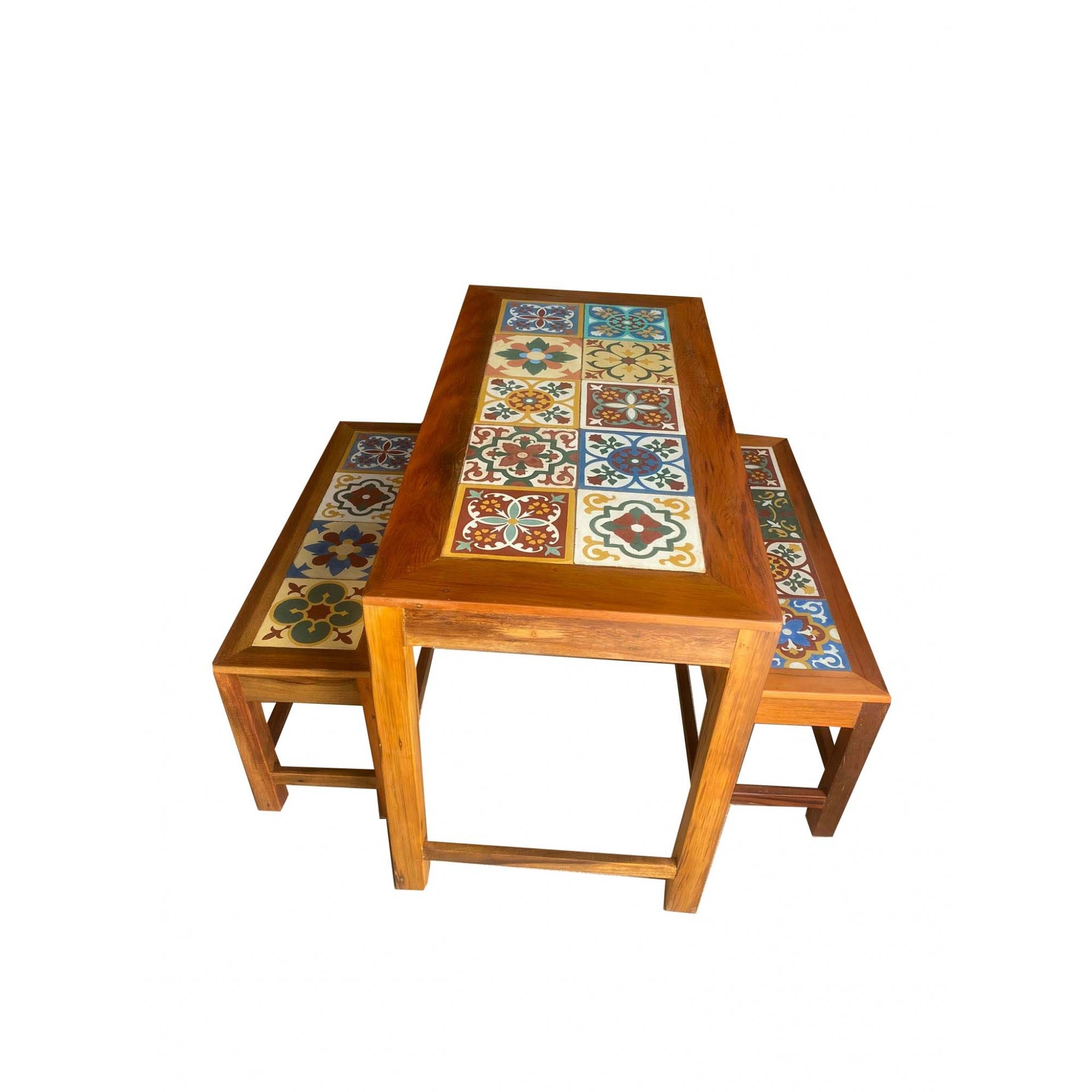 jogo mesa de jantar 120x60 com 2 bancos mineiros ladrilho decoração móveis cozinha bistro MINAS ARTE