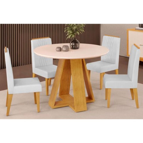 Conjunto: Mesa Sala Jantar Celeste Tampo Madeirado C/ Vidro Redondo 103x103cm e 4 Cadeiras Lia Cedro