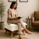 Ver imagem 1 de Puff Banqueta Almofadado Londres Apoio para Pés Corino Nozes e Linho Bege Base de Madeira - Arkell