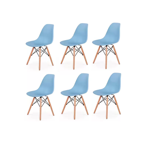 Kit 6 Cadeiras Charles Eames Eiffel Azul Base Madeira Sala Cozinha Jantar - Bering