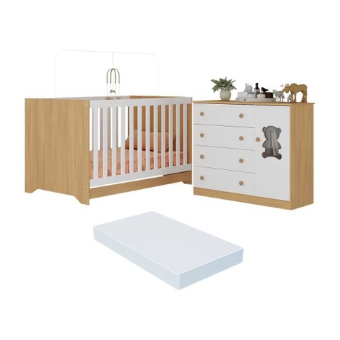Berço Americano 3 em 1 com Colchão Incluso e Cômoda 1 Porta 4 Gavetas Teddy Multimóveis Mp4731