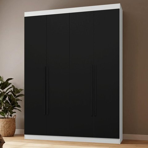 Guarda-Roupa Solteiro 4 Portas Batentes Branco/Preto/Preto Netuno Madesa