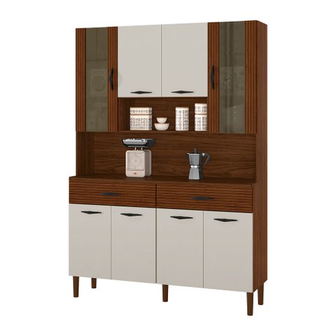 Armário de Cozinha Compacta 8 Portas e 2 Gavetas 121cm Gold Ripado Nogueira/off White - Pallazio