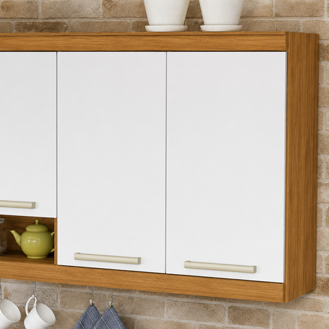 Armário Aéreo de Cozinha Modular Burguesa 80cm 2 Portas MDF Freijó/Branco - Nesher