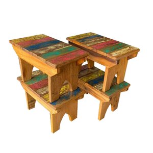 kit c/ 4 BANCO BANQUINHO MINEIRO MADEIRA DEMOLIÇÃO COLORIDO BANQUETA PUFF JARDIM SALA INFANTIL MINAS