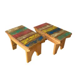 kit c/ 4 BANCO BANQUINHO MINEIRO MADEIRA DEMOLIÇÃO COLORIDO BANQUETA PUFF JARDIM SALA INFANTIL MINAS - 6
