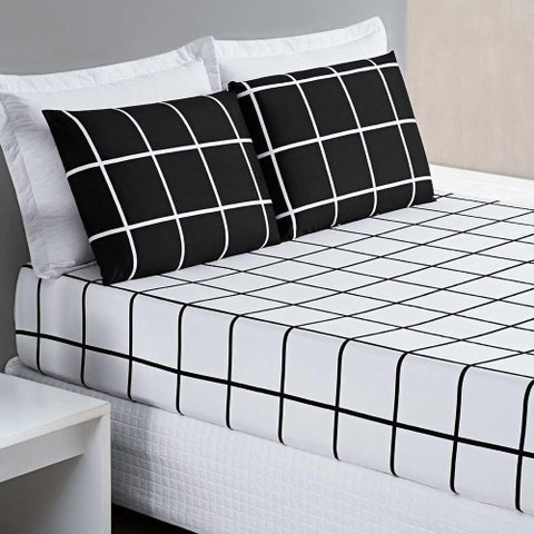 Jogo de Lençol Minimalista Casal Padrão 3 Peças Percal 200 Fios Quadriculado Preto 100% Polié