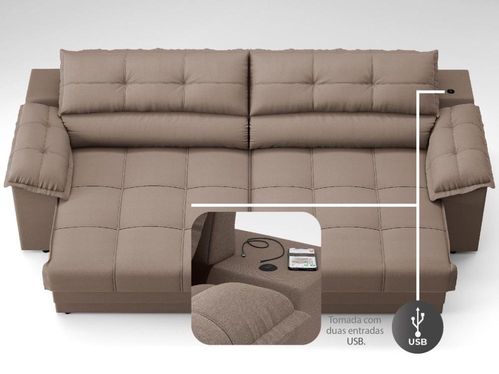 Sofá com Carregador Usb e Molas no Assento Retrátil Reclinável Mimo 2,30m Velosuede Marrom - Netsofa - 6