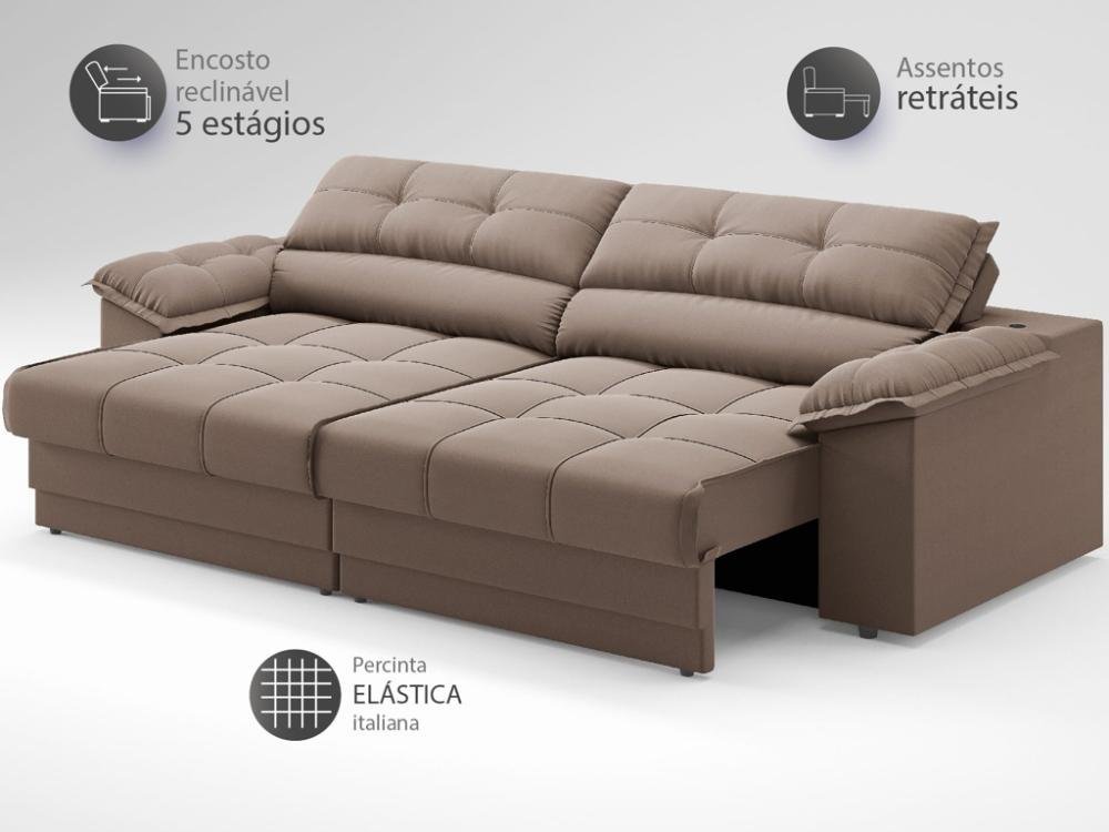 Sofá com Carregador Usb e Molas no Assento Retrátil Reclinável Mimo 2,30m Velosuede Marrom - Netsofa - 4