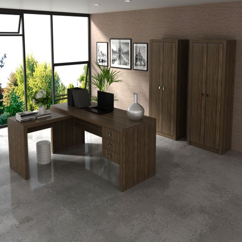 Conjunto de Escritório com Escrivaninha 03 pç CJ43018-004 Tecno Móbili - Tecno Móbili Nogal