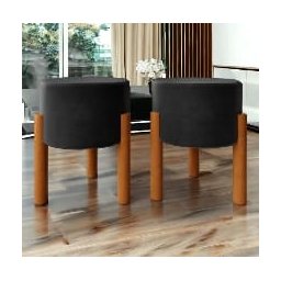 Kit 2 Puffs Thor Decorativo Pés em Madeira Suede Preto - 3