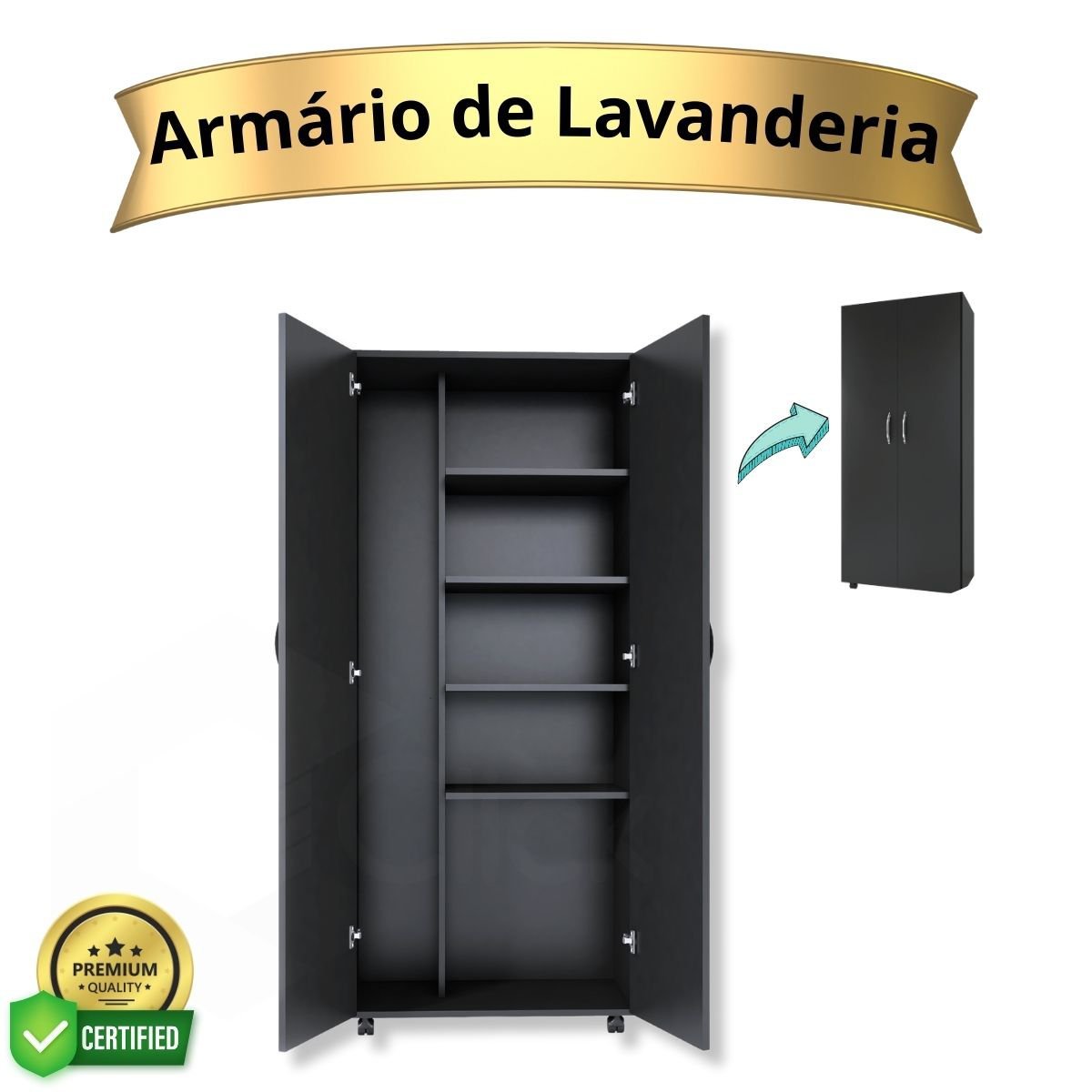 Armário Para Lavanderia Multiuso 2 Portas Alto Dispensa ClickForte Armário Lavanderia Preto - 8