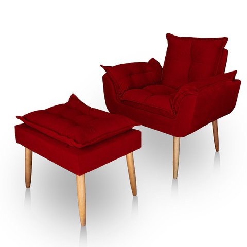 Poltrona Opala para Sala com Puff Reforçada Suede Vermelho