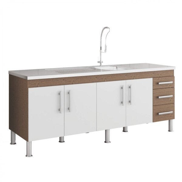 Balcão de Cozinha s/ Tampo 4 Portas/3 Gavetas 194cm Flex Mgm Móveis em MDF Amêndoa/Branco