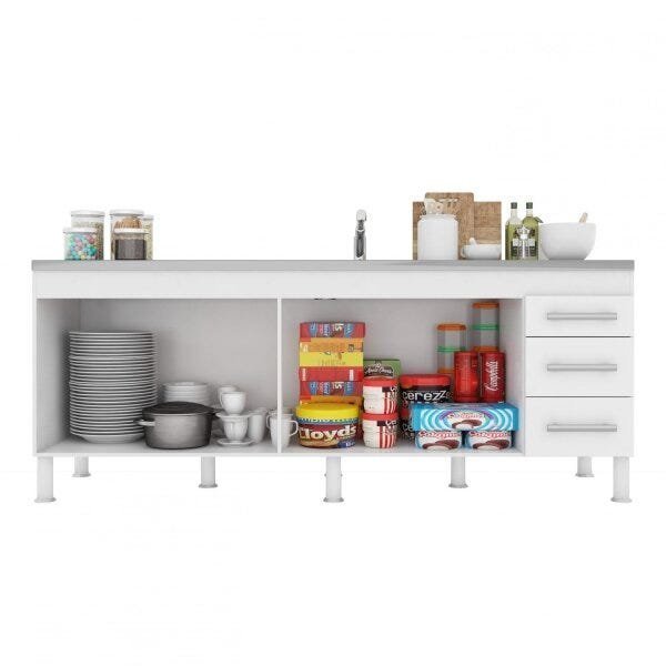 Balcão de Cozinha s/ Tampo 4 Portas/3 Gavetas 194cm Flex Mgm Móveis em MDF Amêndoa/Branco