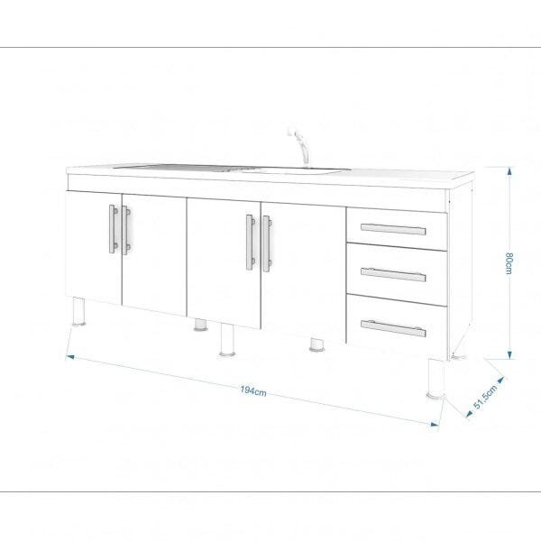 Balcão de Cozinha s/ Tampo 4 Portas/3 Gavetas 194cm Flex Mgm Móveis em MDF Amêndoa/Branco