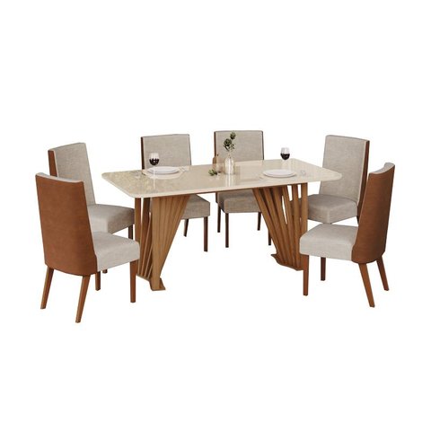 Mesa Jantar Adriana 180 6 Cadeiras Caramelo Linho - Henn