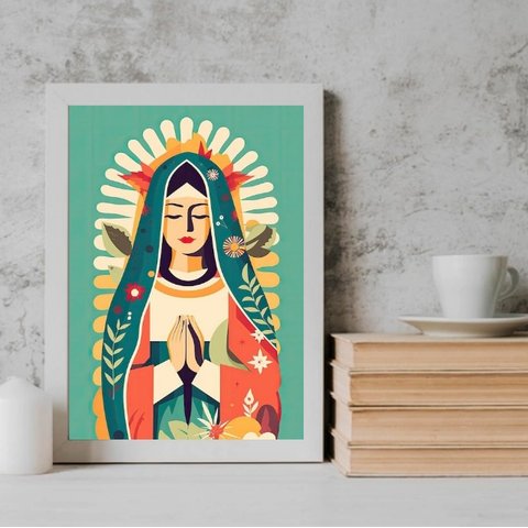 Quadro Decorativo Desenho Nossa Senhora do carmo 45x34cm - com Vidro:madeira Branca