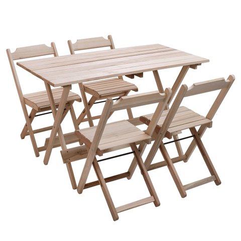 Conjunto Dobrável de Mesa 120x70 com 1 Mesa e 4 Cadeiras em Madeira Eucalipto sem Pintura Marcenaria