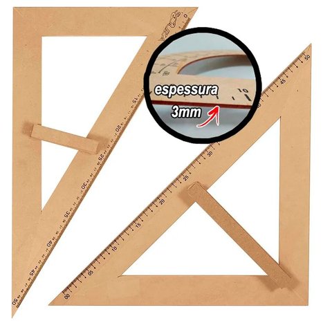 Conj 3 Kits Geométrico do Professor em Mdf com 1 Esquadro de 30/60º 2934 Graus e 1 Esquadro 45º Grau