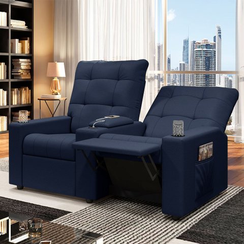 Poltrona do Papai Reclinável Sala de Cinema Movie 2 Lugares Manual Baú USB PU Azul G23 Gran Belo Mov
