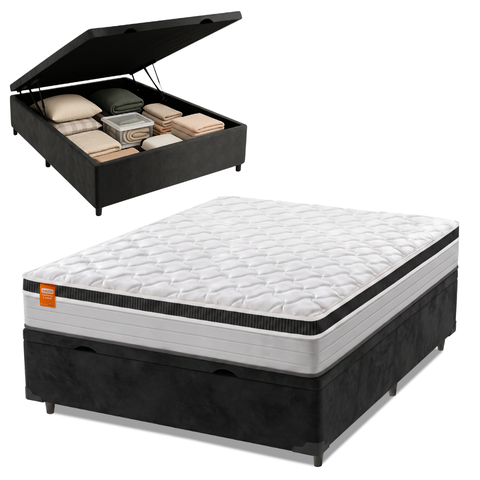 Cama Box Baú Casal Colchão Molas Ensacadas Real 138x188x68cm Preto/Cinza - Suporta até 130kg