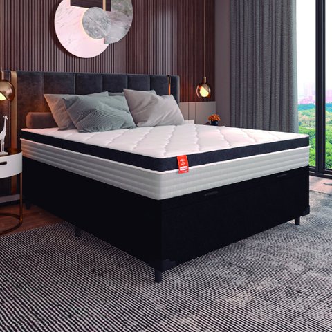 Cama Box Baú Casal Colchão Molas Ensacadas Real 138x188x68cm Preto/Cinza - Suporta até 130Kg