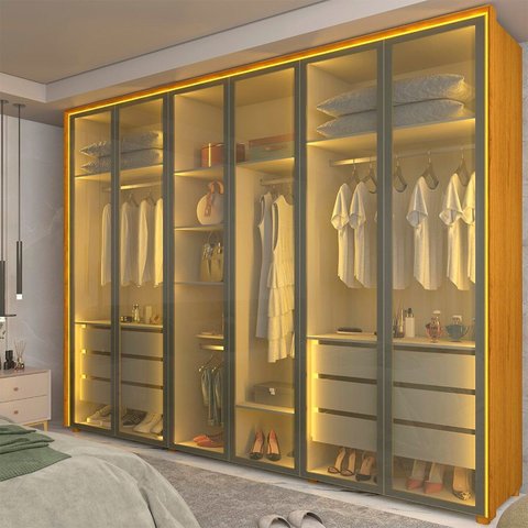 Guarda-Roupa Casal 6 Portas Reflecta com LED e Pés 100% MDF Lumina Marrom/Marrome