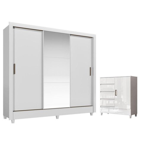 Guarda Roupa Casal Itália 3 Portas com Espelho e Pés e Cômoda 1 Porta 4 Gavetas Fit Branco Brilho - 