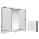 Ver imagem 1 de Guarda Roupa Casal Itália 3 Portas com Espelho e Pés e Cômoda 1 Porta 4 Gavetas Fit Branco Brilho -