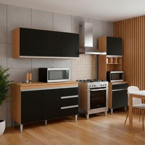 Conjunto Kit Cozinha Balcão Andreia 3 Portas MDF-MDP 120cm Amêndoa e Preto AJL Móveis