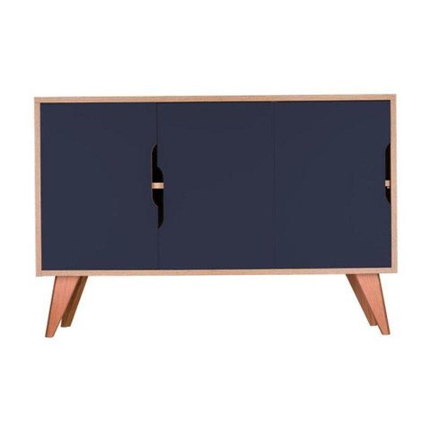 Aparador Buffet Retrô Murano 3 Portas MDP 115cm Carvalho e Azul Marinho Mercado Das Prateleiras