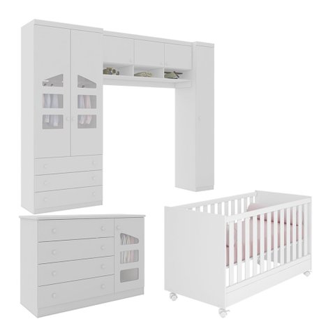 Quarto de Bebê Roupeiro Cômoda Eloisa Berço 1344 Branco com Colchão Light Ortobom Qmovi Phoenix