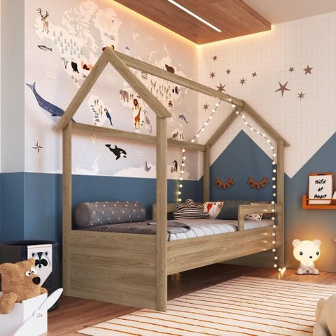 Cama Infantil Montessoriana Casinha Aveiro Oak com Colchão D23 Incluso