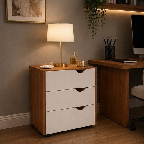 Gaveteiro para Escritório 3 Gavetas Porto Branco/Freijó