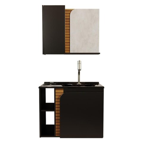 Gabinete Banheiro Lotus com 2 Portas Espelheira e Cuba Preto Fosco/ripa 3d
