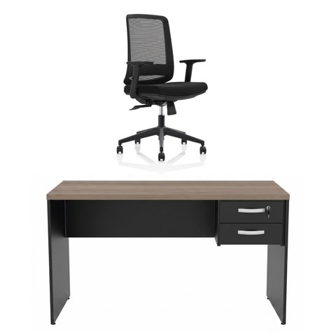 Kit Mesa de Escritório 140x60cm com Gaveta + Cadeira Netflex Ergonômica
