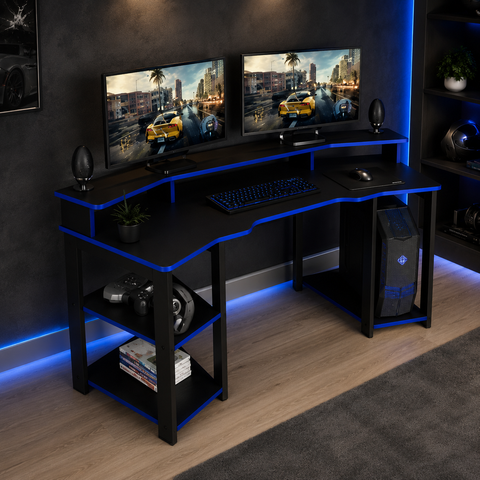 Mesa Gamer Escrivaninha para 2 Monitores 3 Prateleiras Preto/Azul - Tecno Mobili