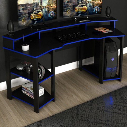 Mesa Gamer Escrivaninha para 2 Monitores 3 Prateleiras Preto/Azul - Tecno Mobili