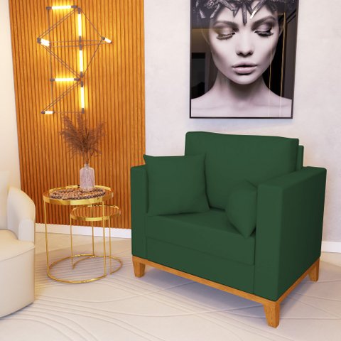 Poltrona Beny para Recepção com 2 Almofadas Suede Verde Base em Madeira Maciça
