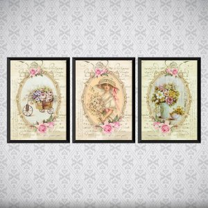 Kit 3 Quadros Decorativos Retrô Jardinagem 45x34cm - com vidro:Madeira branca