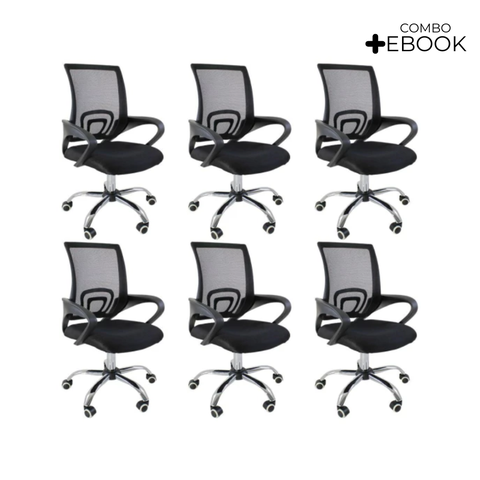 Kit 6 Cadeiras de Escritório Begonia Tela Mesh Ergonômica - Preto + E-book
