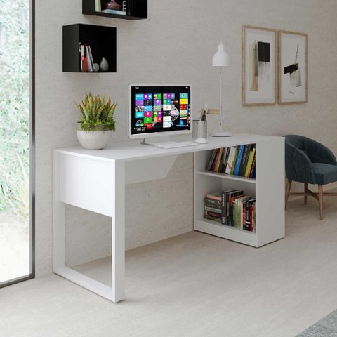 Escrivaninha 160cm X 60cm Estante Lateral com 2 Prateleiras Cor:branco